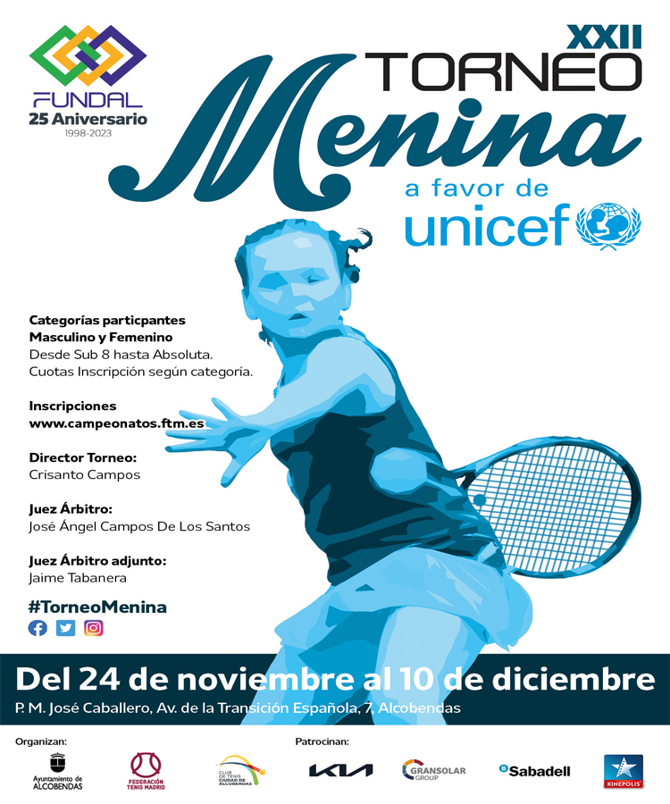 Este domingo, 17 de diciembre, tendrán lugar en Alcobendas las finales y trofeos del Torneo Menina de Tenis Base a favor de UNICEF 